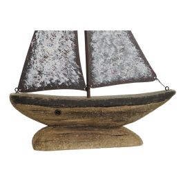 DKD Home Decor Figura Decorativa Velero Estilo Antique de Paulownia y Metal Colores Natural y Blanco 26x6x34 cm
