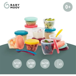 Babymoov Babybols Kit XXL MultiSet 12 Tarros de Almacenamiento y 3 Cucharas Blandas para Comida de Bebé