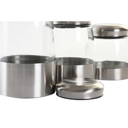 DKD Home Decor Bote Cristal y Acero Inoxidable Plateado Transparente con Cierre Hermético Set de 3 Piezas 12.5 x 12.5 x 21 cm