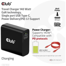 Club3D Cargador de Viaje 1xUSB Tipo C PD 140W con Tecnología GaN para Interiores, 28V, Cable 1m Negro