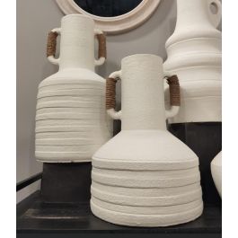 DKD Home Decor Jarrón Urban Terracota y Ratán Blanco Marrón Claro con Asas 25 x 37.5 x 25 cm Decoración Hogar