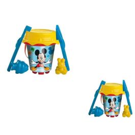 Cubo playa castillo mickey con cedazo, pala rastrillo y moldes 18 cm