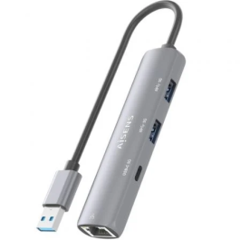 AISENS Dock USB-A a Ethernet Gigabit + Hub 1xUSB-C+2xUSB-A, Gris, 15cm, RTL8153B