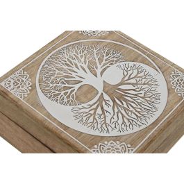 DKD Home Decor National 24a Joyero Indio de Madera de Mango, Blanco Natural 18x18x9 cm - Set de 2 con Diseño de Árbol