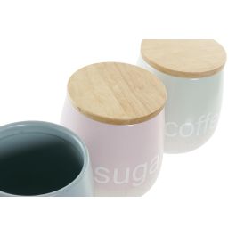 DKD Home Decor Bote Scandi Colección Pasteles Lianfeng, Gres y Rubberwood, 3 Unidades Surtidas Rosa Verde Azul 10x16x10 cm, Apto Lavavajillas