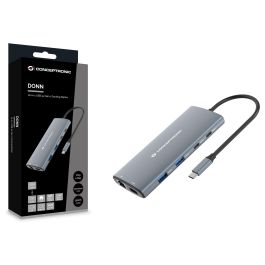 Conceptronic DONN06G Hub USB-C 10-en-1 con HDMI 4K, Ethernet Gigabit, 100W PD, 3xUSB-A, 3xUSB-C, Lector de Tarjetas - Gris