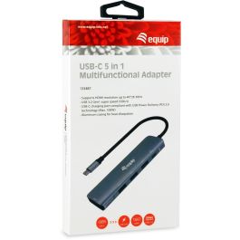 EQUIP Adaptador Multifunción USB-C a HDMI, 3xUSB 3.0, 100W PD, 25cm Gris