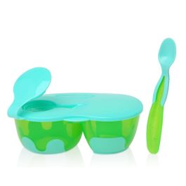 Cuenco Doble Antideslizante Con Tapa Y Cuchara En Azul Y Verde Cuenco Doble Antideslizante Con Tapa Y Cuchara En Azul Y Verde