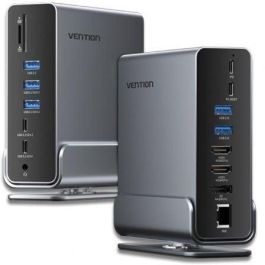 Vention TPUH0 Estación de Acoplamiento USB-C 15 en 1 con 2xHDMI 4K, DisplayPort, Gigabit Ethernet RJ45, Lector SD/TF y 100W PD Gris