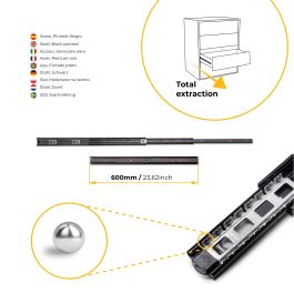 Emuca Lote de 5 juegos de guías para cajones, de bolas, altura 45mm, profundidad 600mm, extracción total, Negro
