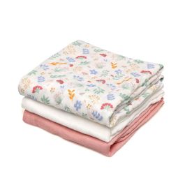 KioKids - Set de 3 Muselinas 70x70 cm en Rosa, Blanco y Flores, Bambú y Algodón, Certificado Oeko-Tex Standard 100