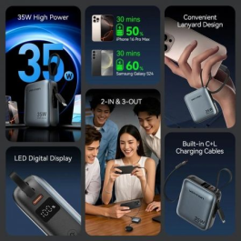 Vention FHFN0 Power Bank 10000mAh 35W Gris con Cables USB-C y Lightning Integrados