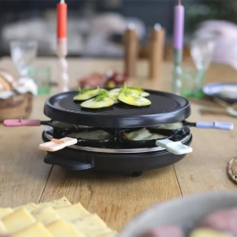 Livoo Raclette DOC207P para 6 personas, 800W, puerta grill extraíble, 6 espátulas y 6 ollas para fondue