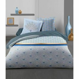 HOME LINGE PASSION Juego de edredón Luxor - 1 funda nórdica 220 x 240 cm + 2 fundas de almohada 65 x 65 cm - Azul y blanco