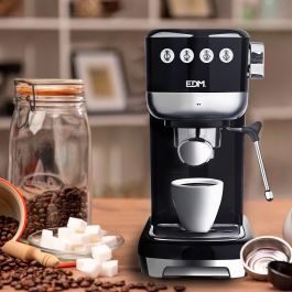 Edm Cafetera Espresso 20 Bares Depósito 1,3L Vaporizador Parada Automática Función Una y Dos Tazas Panel LED Acero Inoxidable Negro