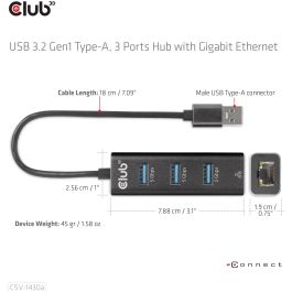 Club3D Hub USB 3.2 Gen 1 Tipo-A con 3 Puertos y Adaptador Gigabit Ethernet, Negro, Conectividad Alámbrica