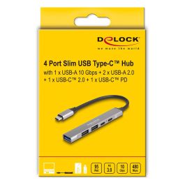 DeLOCK 64298 Hub USB-C Slim de 4 Puertos, 1x USB-A 10 Gbps + 2x USB-A 2.0 + 1x USB-C 2.0, con Power Delivery 95W, Aluminio, Plug & Play, para Windows, Mac, Linux