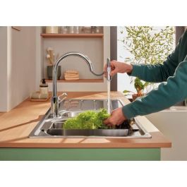 Grohe 30556000 Grifo de cocina Mezclador monomando de fregadero Cromo, Caño alto en C, Aireador extraíble StartLoop