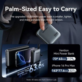 Vention FHFN0 Power Bank 10000mAh 35W Gris con Cables USB-C y Lightning Integrados