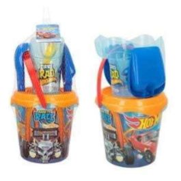 Cubo de playa hot wheels 18 cm con cedazo, pala, rastillo, regadera y 1 molde