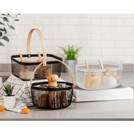 Inde Cesta Organizadora Ovalada de Metal con Asa de Bambú (12 Unidades)