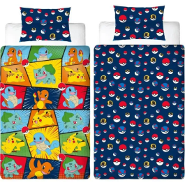 Pokemon POK3700891712163 Juego de Cama Reversible Starter y Poké-ball Microfibra 140x200cm + Funda Almohada 63x63cm