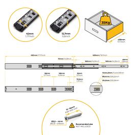 Emuca Lote de 5 juegos de guías para cajones, de bolas, altura 45mm, profundidad 450mm, extracción total, cierre suave, Negro