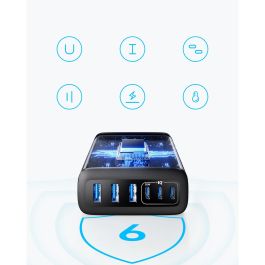Anker Estación de Carga 6 en 1, 112W con 3x USB-A y 3x USB-C, color negro