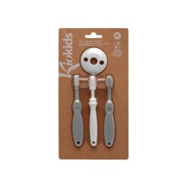 KioKids Set Higiene Bucal Evolutivo Bebé, 3 Cepillos Dentales Silicona y Nylon con Tope, Gris, +0 Meses