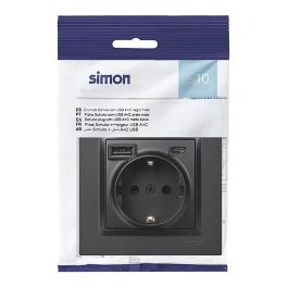 Simon Base Enchufe Schuko con USB-A y USB-C 10.5W 16A 250V Empotrar Negro - Serie Simon 10