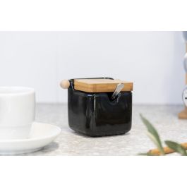 Vessia Azucarero Ceramica Negro Tapa Bambu Acero Inoxidable 10.8x7.5x8 cm (Set de 6)