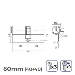 Edm Cilindro de latón Bombín 80mm (40+40mm) Leva larga r15 con 3 llaves de serreta