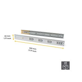 Emuca Lote de 5 juegos de guías para cajones, de bolas, altura 45mm, profundidad 450mm, extracción total, cierre suave, Cincado