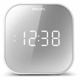 Philips TAR4406/12 Reloj despertador digital con radio FM, pantalla LED, carga USB y vibrador, color Blanco