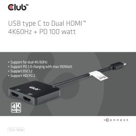 Club3D MST-Hub USB 3.2 Typ C - Adaptador 2x HDMI 4K60Hz con Power Delivery 100W