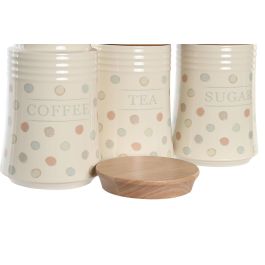 DKD Home Decor Bote Hermético con Topitos de Gres y Bambú Beige 10x16x10 cm - Set de 3 Unidades