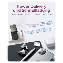 ICY BOX IB-PS1040-PD Cargador GaN 100W con 4 Puertos y Power Delivery 3.0 Negro