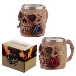 PUCKATOR Taza Calavera y Rosas de Resina y Acero Inoxidable - 10,5x10,5x15,5cm