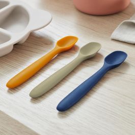 Tom et Zoe Juego de 3 Cucharas de Silicona para Bebé, Colores Surtidos (Gris, Amarillo, Azul, Rosa)