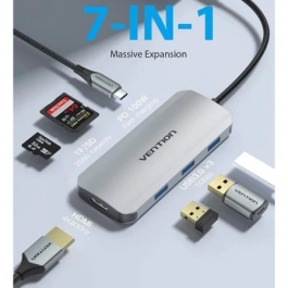 Vention Docking USB Tipo-C TOJHB 7 en 1 con HDMI 4K, 3xUSB 3.0, Lector Tarjetas SD/TF, PD 100W, Gris