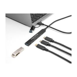 DeLOCK 64272 Hub USB 4 Puertos Slim - 3x USB-C + 1x USB-A 5 Gbps USB 3.2 Gen 1, Negro, Metal, Cable 0.5 m