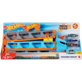 Hot Wheels GVG37 Camión Transporte Convertible Pista Desplegable 182cm para 20+ Coches con Lanzador Doble y 3 Vehículos