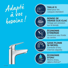 Grohe 24323001 Mezclador Monomando de Lavabo Cromo Talla S Apertura Agua Fría Ahorro Agua Desagüe Click-Clack