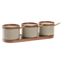 DKD Home Decor Azucarero Moderno Set de 3, Porcelana y Rubberwood, Beige Marrón, 10x7x29 cm, Apto Microondas y Lavavajillas