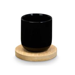 Kinvara Set 4 Vasos de Café de Porcelana Negra con Posavasos de Bambú, Capacidad 95 ml, Taza 5.5x6.5 cm, Posavasos 8x1 cm (Set de 12)