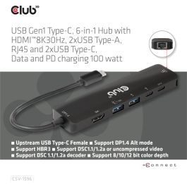 Club3D CSV-1596 USB-C Hub 6 en 1 HDMI/2xUSB/2xUSB-C/LAN 4K120Hz PD100W Negro para PC/Mac