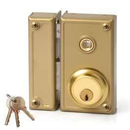 Jis Cerradura de sobreponer con manilla, golpe y llave 60mm izquierda, cilindro fijo 52mm, 3 llaves, dorado, referencia 35-6i