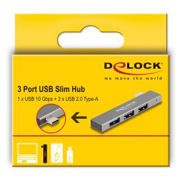 DeLOCK Concentrador USB 3 Puertos Slim, USB-C a 1x USB-A 10 Gbps (USB 3.2 Gen 2) + 2x USB-A 2.0, Plug and Play, Gris Metal