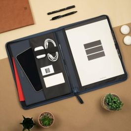 Finocam Portadocumentos Nopal Cremallera A4 Imitación Cuero Azul Marino con Bloc Notas y Bolsillo Interior