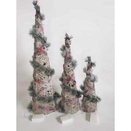 DKD Home Decor Cono de Navidad Decorativo con LED, Set de 3 Piezas de Ratán Natural, Verde y Rojo, Funciona con Pilas AA, 80 cm Alto